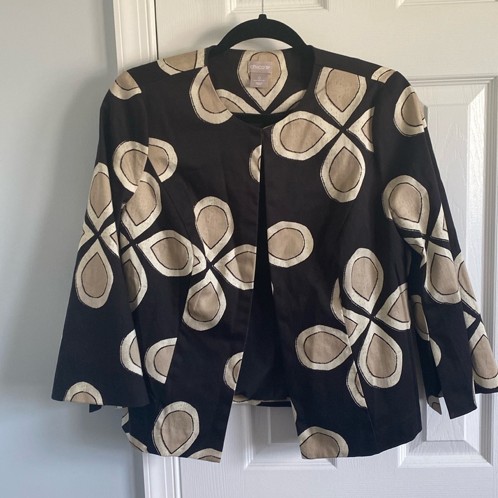 Chico's Black and Tan Printed Jacket Over Piece 0 (Women's Size Small 4/6)